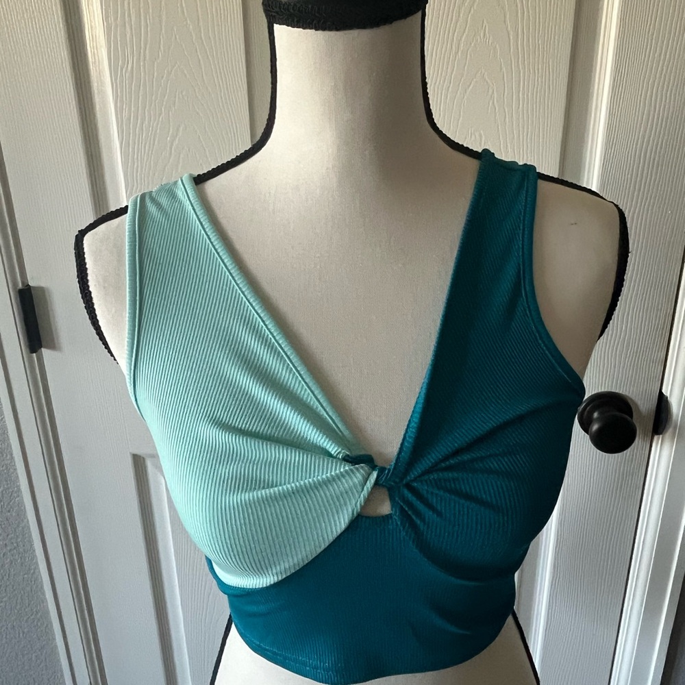 SHEIN Green and Blue Asymmetrical Tie Front Tank Top